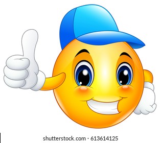 Vector illustration of Cartoon emoticon smiley wearing a cap and giving a thumbs up