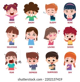 Vector illustration of Cartoon emotions children, Variety kids face expressions