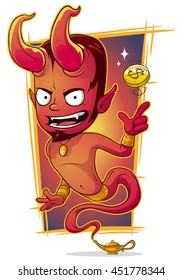 A vector illustration of cartoon evil red jinn with gold coin