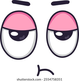 Vector illustration of a cartoon face expressing exhaustion, boredom, or tiredness with droopy pink eyelids, downturned pupils, and a frowning mouth, isolated on white background