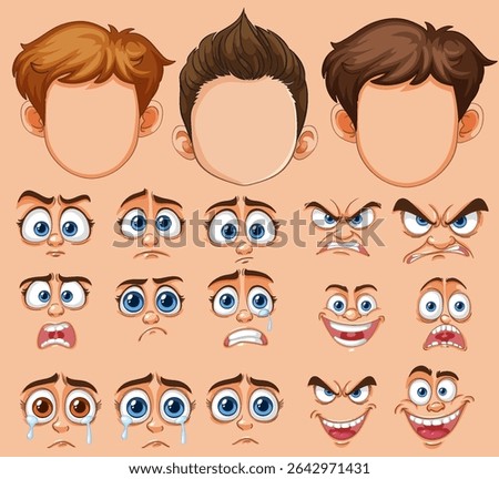 Vector illustration of cartoon faces with various emotions and hairstyles. Bright colors and detailed expressions enhance character design