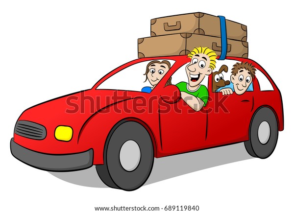 vector illustration of a cartoon family driving\
on vacation