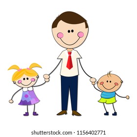 Vector illustration of a cartoon family: A happy dad with his daughter and son taking their hands and smiling.