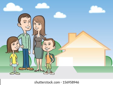 Vector illustration of cartoon family and house. Easy-edit layered vector EPS10 file scalable to any size without quality loss. High resolution raster JPG file is included.