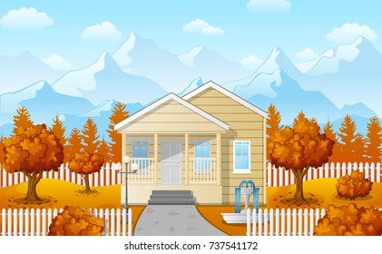 Vector illustration of Cartoon family house with mountain in fall season