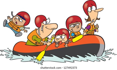 A vector illustration of cartoon family rafting