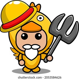 vector illustration of cartoon farm animal mascot costume character cute chicken holding farmer's fork