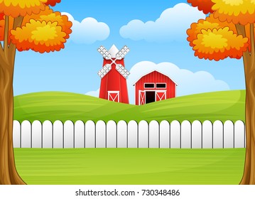 Vector illustration of Cartoon farm landscape with windmill and barn