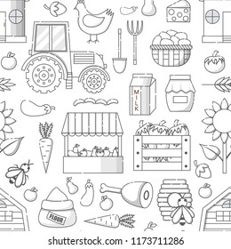 Vector illustration with cartoon farm market background. Organic farm concept. Harvesting, agriculture objects. Cartoon bio eco farm products: vegetables, meat, milk products, honey, fruits