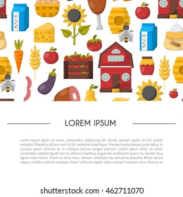 Vector illustration with cartoon farm market background. Organic farm concept. Harvesting, agriculture objects. Cartoon bio eco farm products: vegetables, meat, milk products, honey, fruits