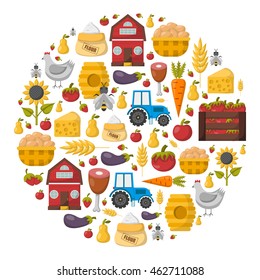 Vector illustration with cartoon farm market background. Organic farm concept. Harvesting, agriculture objects. Cartoon bio eco farm products: vegetables, meat, milk products, honey, fruits