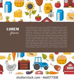 Vector illustration with cartoon farm market background. Organic farm concept. Harvesting, agriculture objects. Cartoon bio eco farm products: vegetables, meat, milk products, honey, fruits