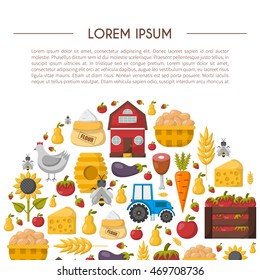 Vector illustration with cartoon farm market background. Organic farm concept. Harvesting, agriculture objects. Cartoon bio eco farm products: vegetables, meat, milk products, honey, fruits