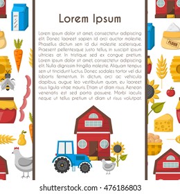 Vector illustration with cartoon farm market background. Organic farm concept. Harvesting, agriculture objects. Cartoon bio eco farm products: vegetables, meat, milk products, honey, fruits