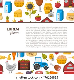 Vector illustration with cartoon farm market background. Organic farm concept. Harvesting, agriculture objects. Cartoon bio eco farm products: vegetables, meat, milk products, honey, fruits