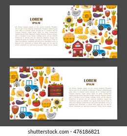 Vector illustration with cartoon farm market background. Organic farm concept. Harvesting, agriculture objects. Cartoon bio eco farm products: vegetables, meat, milk products, honey, fruits