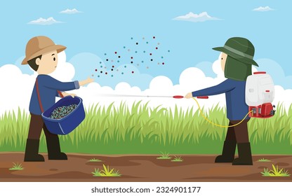 vector illustration cartoon farmer fertilizing chemical injections to vegetable crops