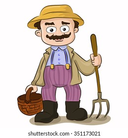 Vector illustration of cartoon farmer with pitchfork and basket on isolated white background. Character design