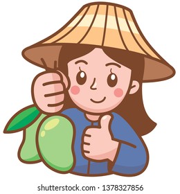 Vector illustration of Cartoon Farmer presenting Mango 
