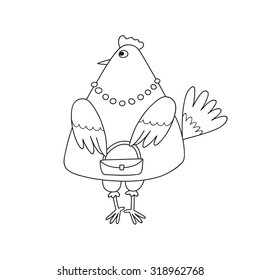 Vector illustration of cartoon fashionable chicken with little bag.