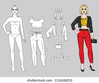 Vector illustration of a cartoon fashionable young woman standing in underwear with clothes. Paper girl's game: cut and color