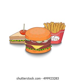 Vector illustration of cartoon fast-food meal colored with shadows.