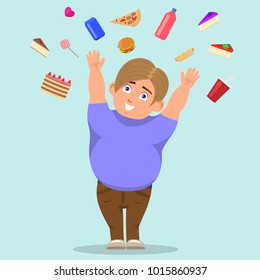 Vector illustration of a cartoon fat boy catching sweets. The concept of harmful food and childhood obesity. Flat style.