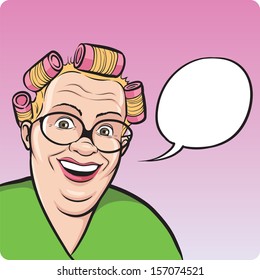 Vector illustration of cartoon fat housewife in hair curlers. Easy-edit layered vector EPS10 file scalable to any size without quality loss. High resolution raster JPG file is included.