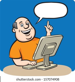 Vector illustration of Cartoon fat man with desktop computer. Easy-edit layered vector EPS10 file scalable to any size without quality loss. High resolution raster JPG file is included.