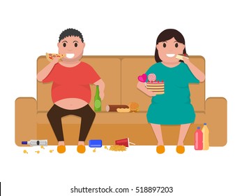 Vector illustration cartoon fat man and woman sitting on the couch eat the food. Picture, drawing isolated on white background. Fatty people on the sofa lead unhealthy lifestyles. Flat style. 