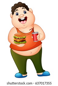Vector illustration of Cartoon fat man holding a hamburger with drinking soda