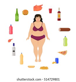 Vector illustration cartoon fat woman and food. Girl and harmful, junk nutrition. Concept of human unhealthy lifestyle, female obesity. Flat style. Female body and alcohol, fatty fast food.