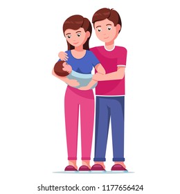 Vector illustration cartoon father and mother holding hands of their child. Isolated white background. A man and a woman are holding a newborn. Baby and parents. Flat style.