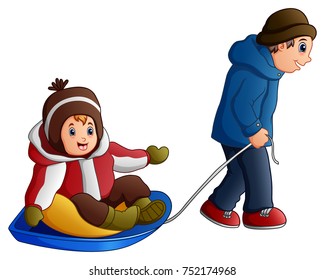 Vector illustration of Cartoon father pulling a son on a sled