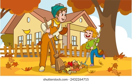 Vector illustration of cartoon father and son cleaning the garden of their home