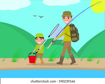 Vector illustration of a cartoon father and son go on a fishing trip. 