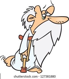 A vector illustration of cartoon Father Time looking beaten up with a black eye and crutches