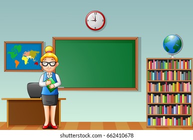 Vector illustration of Cartoon female teacher standing in a classroom