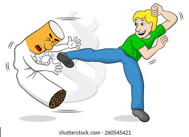 vector illustration of a cartoon fight against nicotine addiction