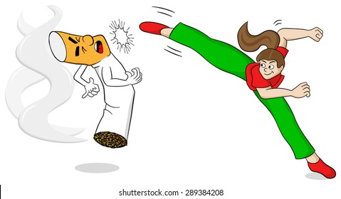 vector illustration of a cartoon fight against nicotine addiction