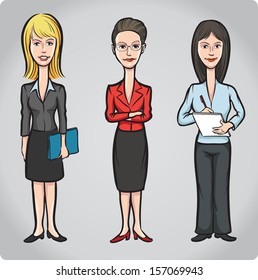 Vector illustration of cartoon figures of office women. Easy-edit layered vector EPS10 file scalable to any size without quality loss. High resolution raster JPG file is included.