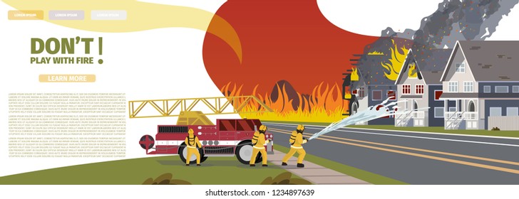 Vector Illustration Cartoon Fire Extinguishing. Banner image Concept Dont Play With Fire. Group Men Firefighters extinguish burning house with Water from Hose. Fire engine tool to fight Fire