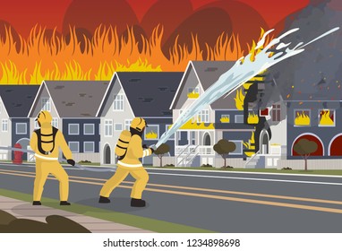 Vector Illustration Cartoon Fire Extinguishing. An image Group Male Firefighters. Firefighters Extinguish Townhouse with Water with a Hose. Fire fighting Concept. Saving City property