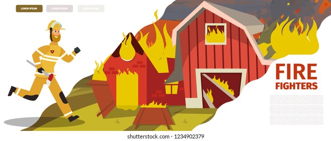 Vector Illustration Cartoon Fire Extinguishing. Banner image Fire Fighters. Fireman rushes to Rescue farm residents. Axe in hand Firefighter working tool. Concept of saving life.