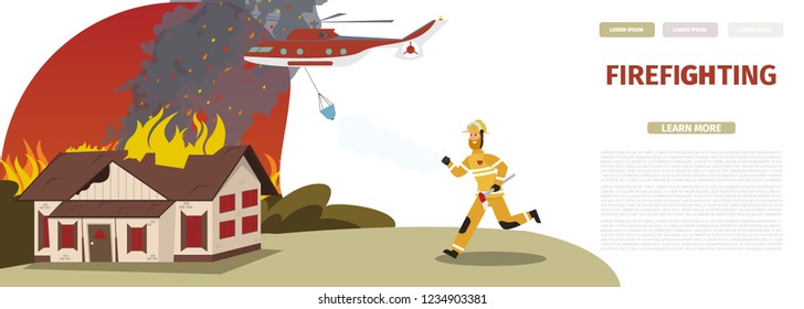Vector Illustration Cartoon Fire Extinguishing. Banner image Firefighting. Fireman Rushes to rescue farm residents. Helicopter auxiliary Equipment for home Fire extinguishing. Concept saving life.