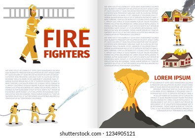 Vector Illustration Cartoon Fire Extinguishing. Banner image Fire Fighters. Fireman carries ladder. Group Men Extinguish Volcanic Eruption. Fireman calls reinforcements to smother Burning Houses