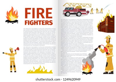 Vector Illustration Cartoon Fire Extinguishing. Banner Fire Fighters. Firefighters extinguishes burning Building with Firetruck. Firefighter uses Fire extinguisher. Fireman speaks into Mouthpiece