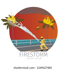 Vector Illustration Cartoon Fire Extinguishing. Firefighter man Extinguishes Fire with Water from Hose on Palm tree. Firestorm Concept Isolated on White Background. Saving city Property.