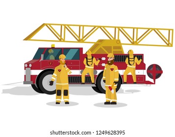 Vector Illustration Cartoon Fire Extinguishing. Image Group Male Firefighter against a Red Firetruck Isolated on White Background. Concept saving Property and life. Firefighters in Yellow Uniform