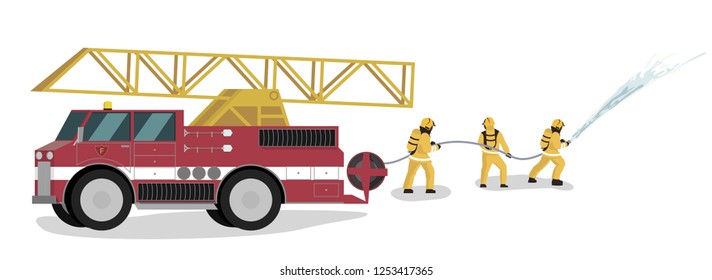Vector Illustration Cartoon Fire Extinguishing. A Group Man Firefighters Extinguish Fire with Water from a Fire engine Hose. Fire Protection Concept Isolated on White Background